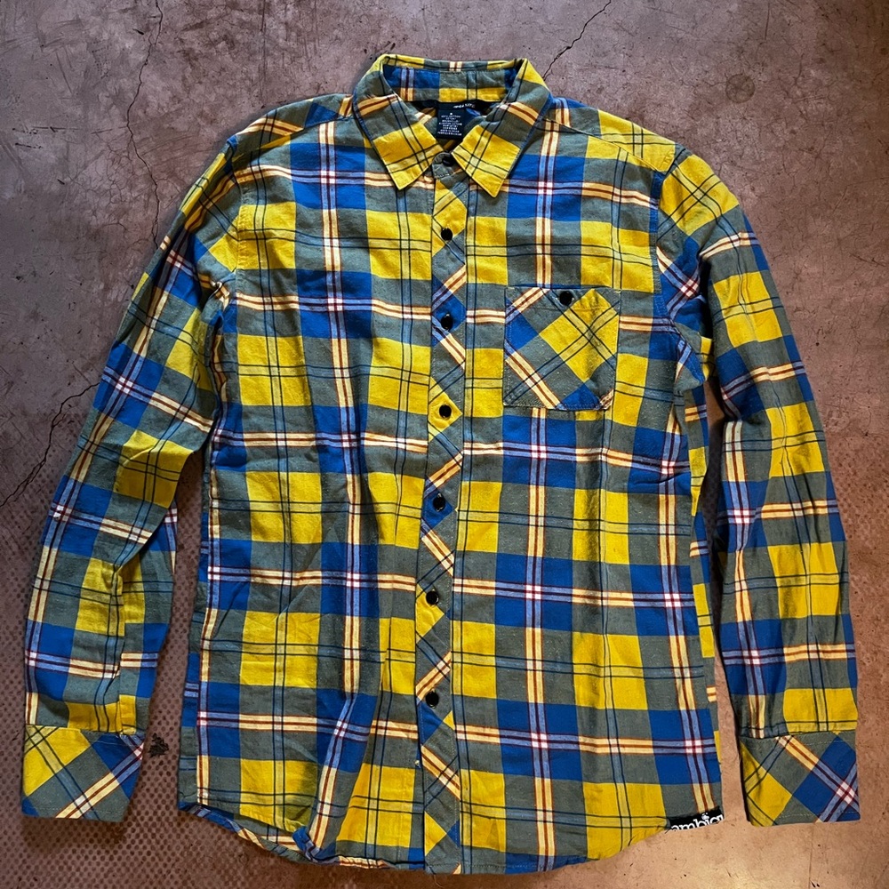 Yellow and blue cotton flannel button-down shirt.